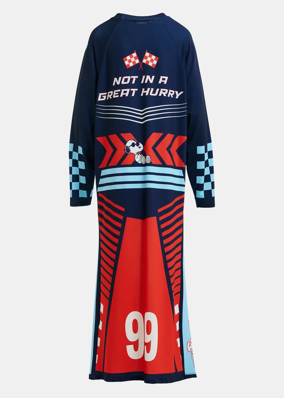 Navy asymmetrical graphic jersey mini dress with red and light blue Peanuts™ print