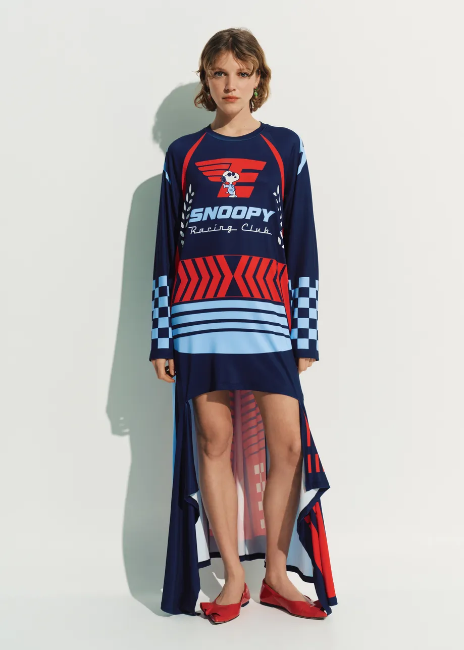 Navy asymmetrical graphic jersey mini dress with red and light blue Peanuts™ print