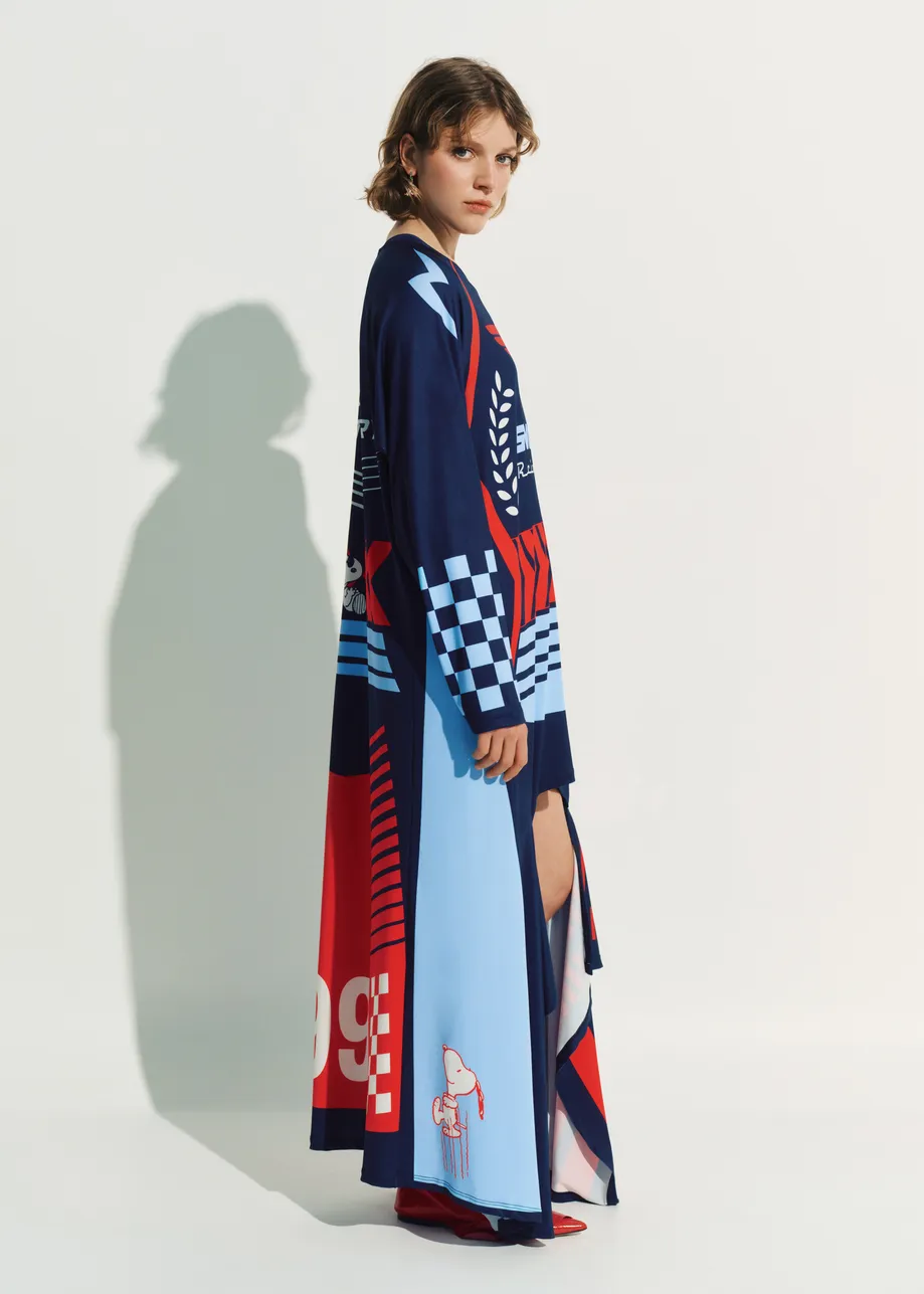 Navy asymmetrical graphic jersey mini dress with red and light blue Peanuts™ print