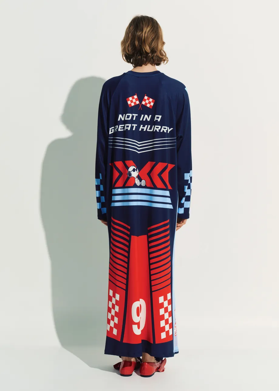 Navy asymmetrical graphic jersey mini dress with red and light blue Peanuts™ print