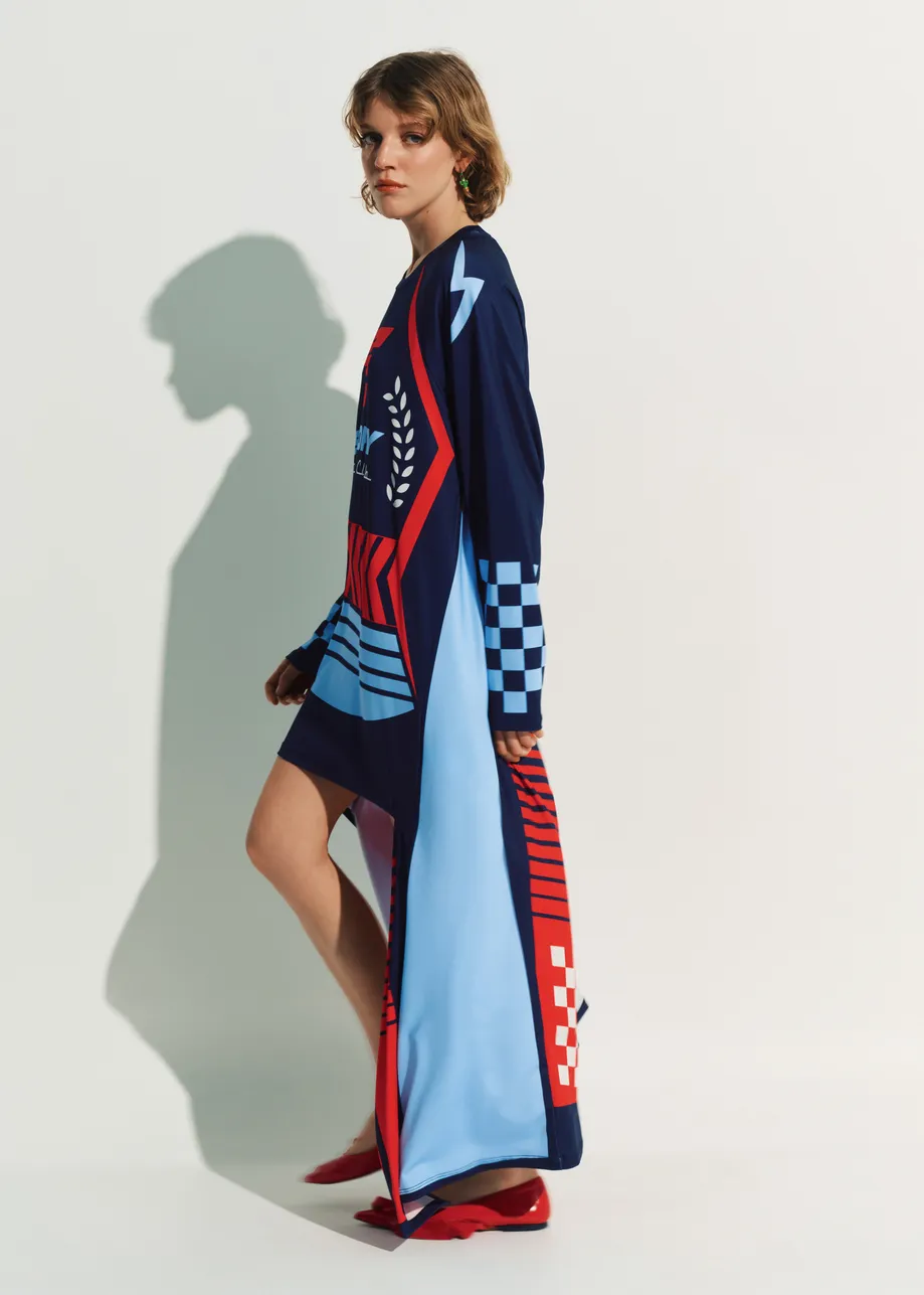 Navy asymmetrical graphic jersey mini dress with red and light blue Peanuts™ print