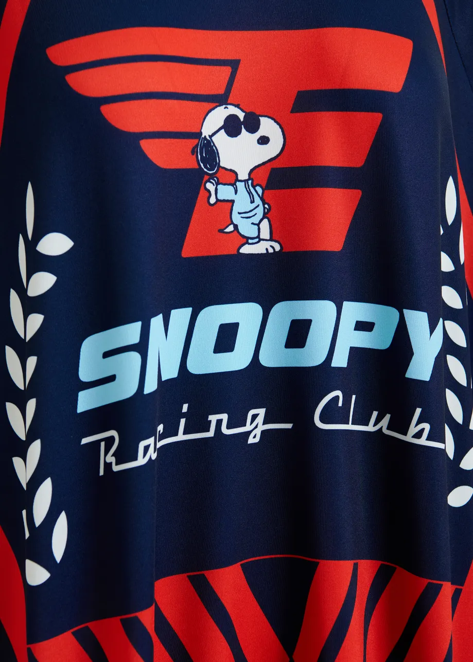 Navy asymmetrical graphic jersey mini dress with red and light blue Peanuts™ print