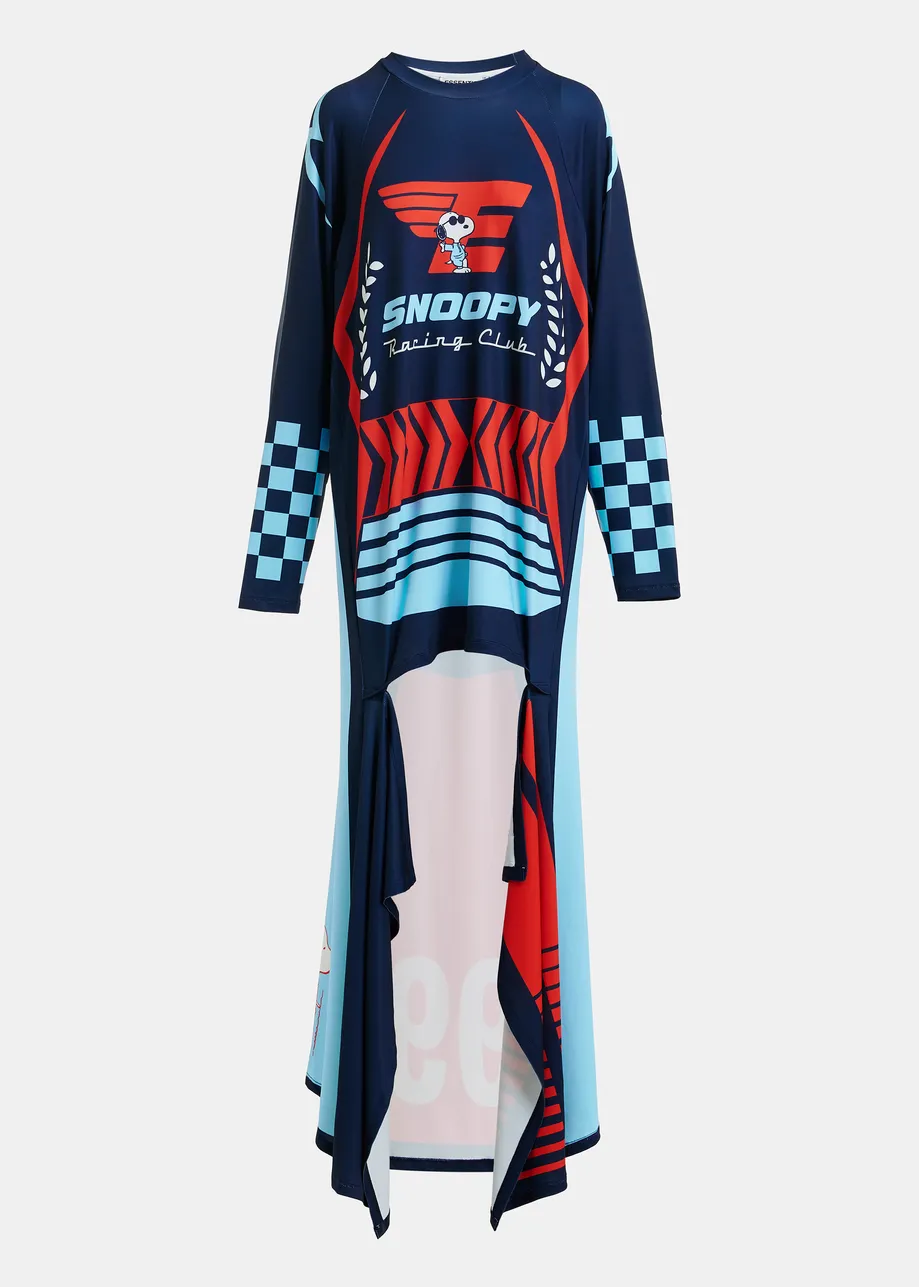 Navy asymmetrical graphic jersey mini dress with red and light blue Peanuts™ print