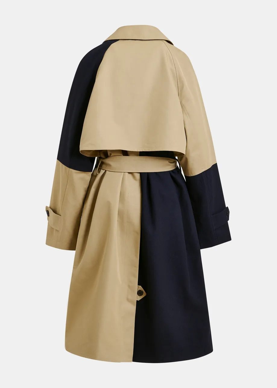 Beige and navy colour-block trench coat