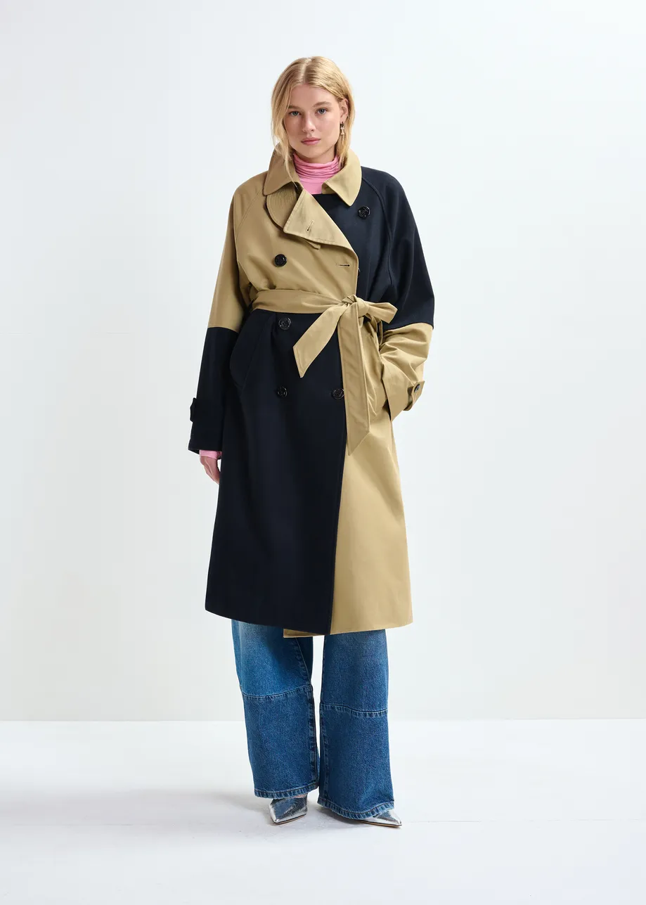 Beige and navy colour-block trench coat