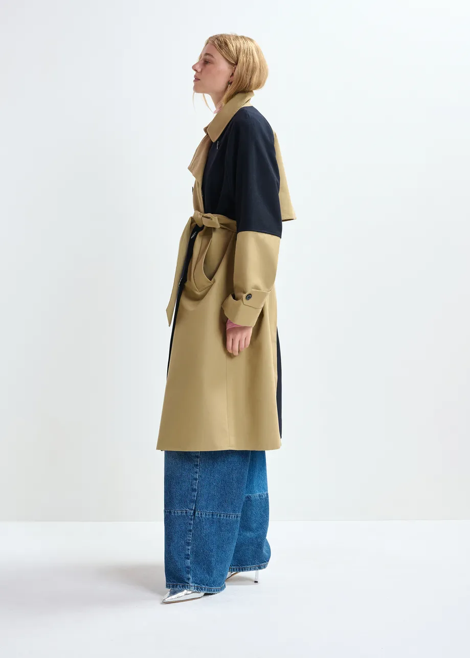 Beige and navy colour-block trench coat