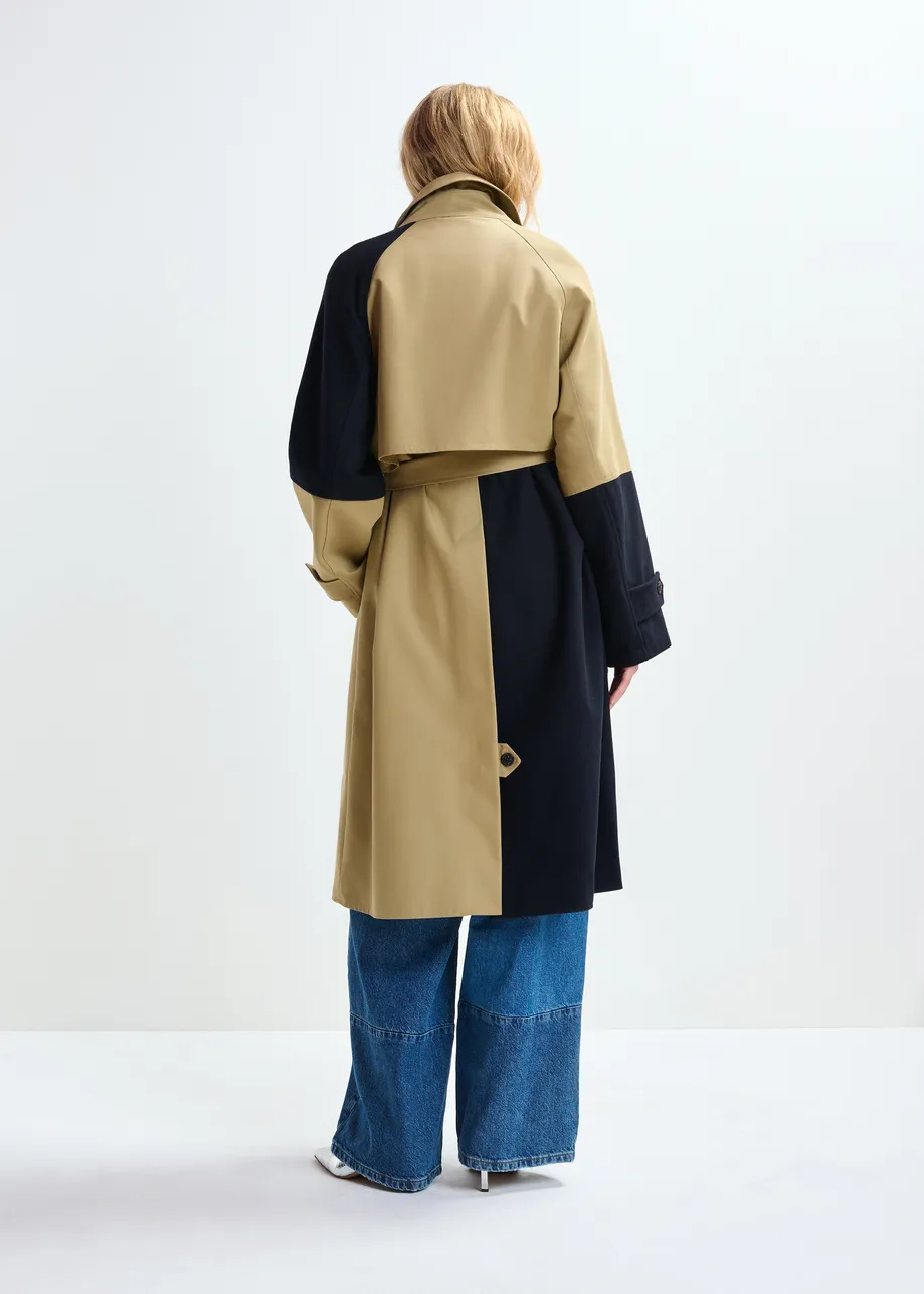 Beige and navy colour-block trench coat