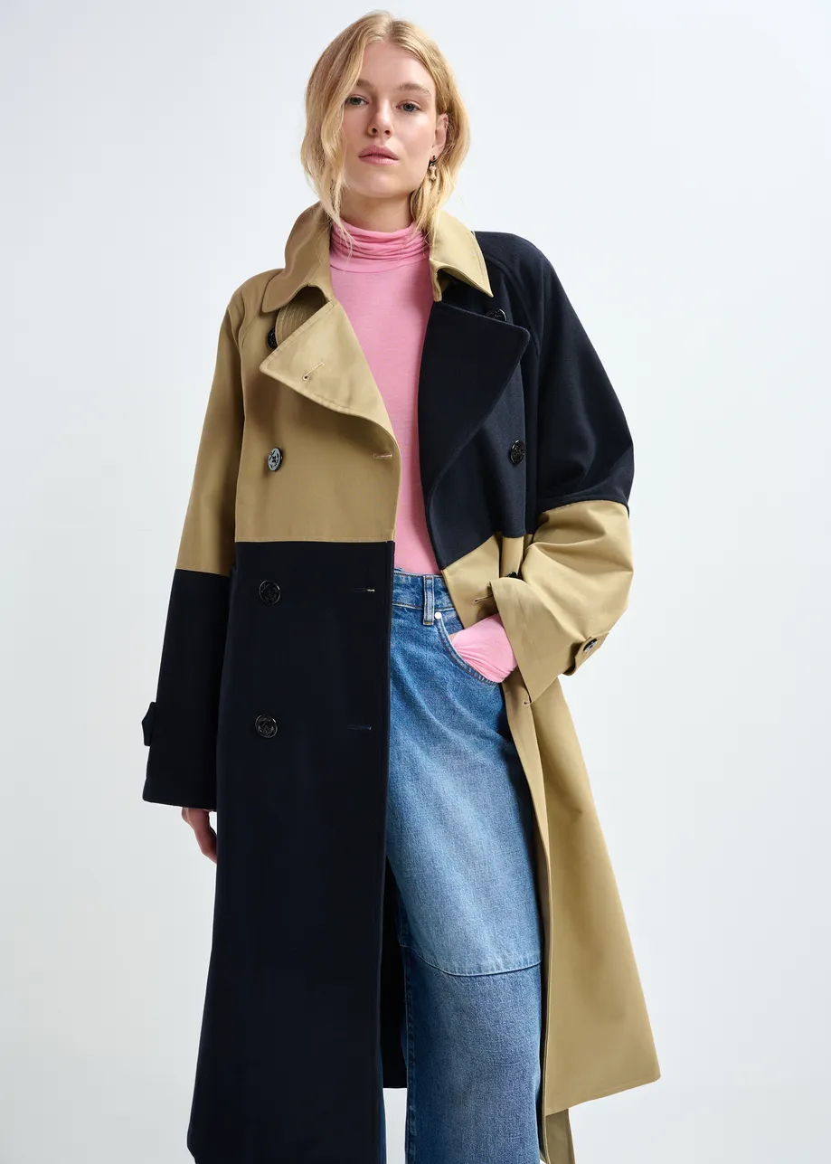 Beige and navy colour-block trench coat