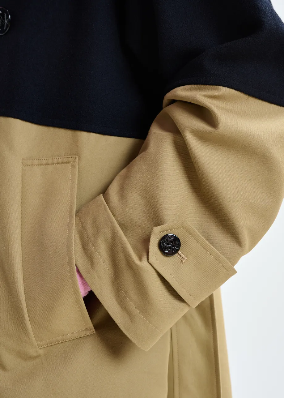 Beige and navy colour-block trench coat