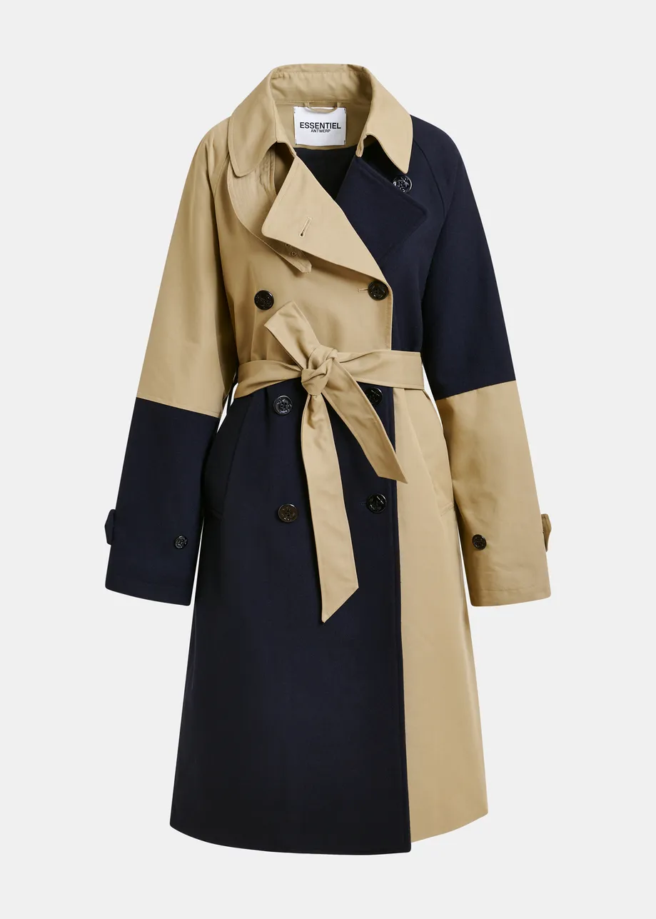Beige and navy colour-block trench coat