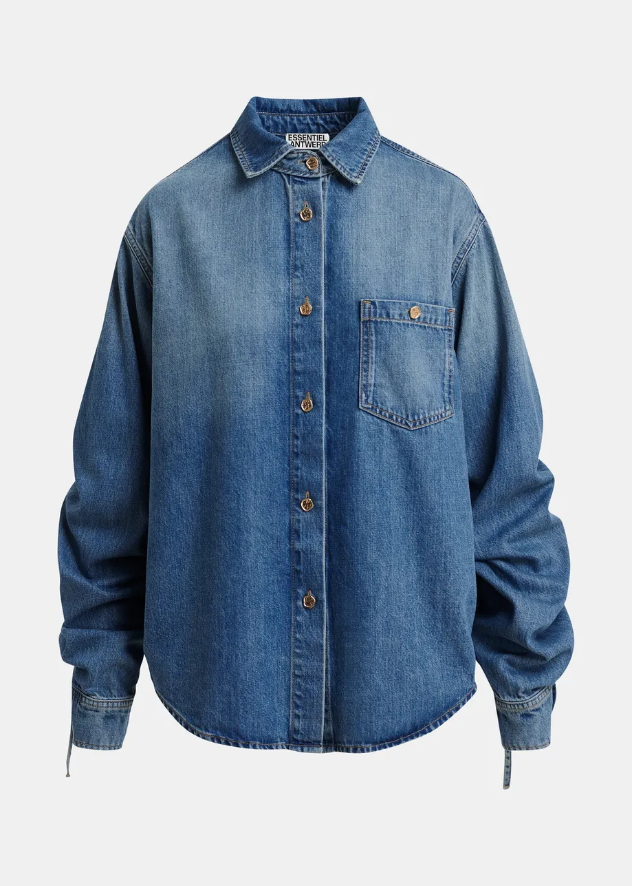 Blaues Oversized Jeanshemd mit Kordelzug an den Ärmeln
