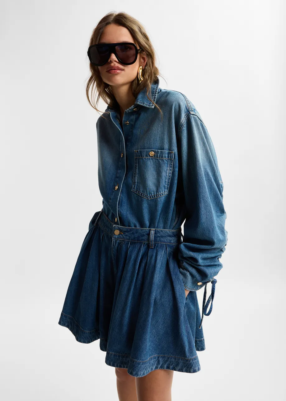 Blue oversized denim shirt with sleeve drawstrings