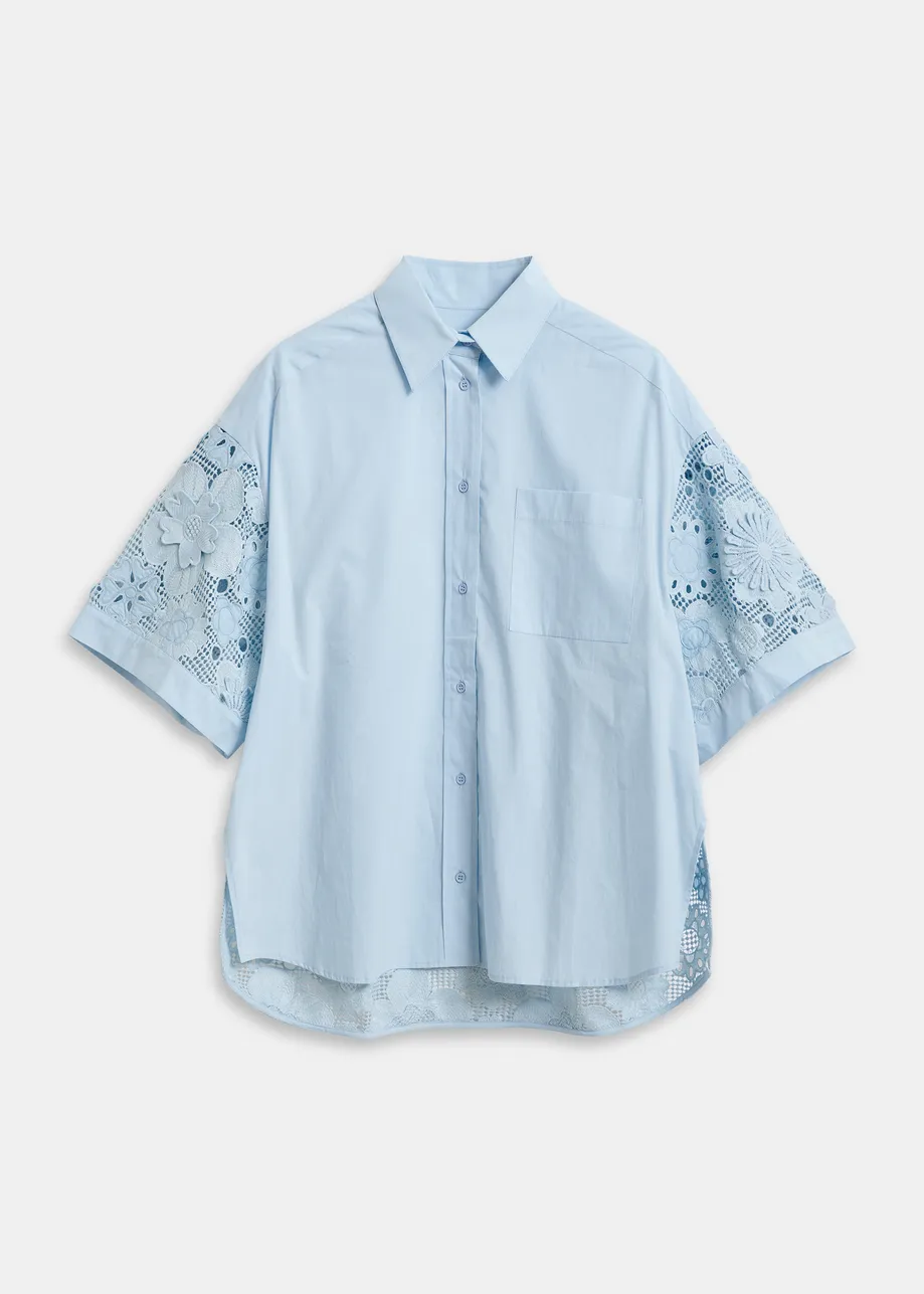 Light blue oversized cotton short-sleeve shirt with lace inserts