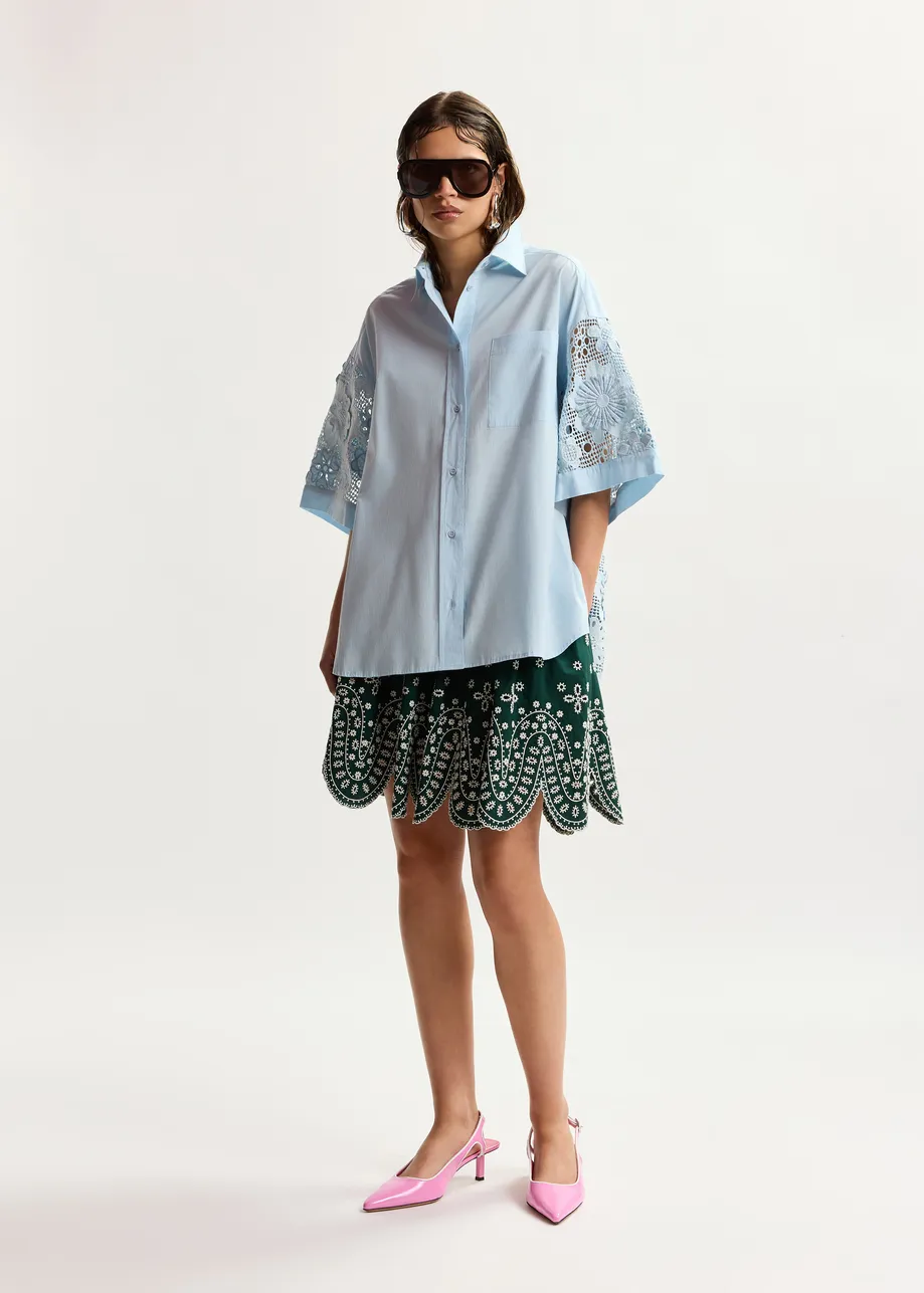 Light blue oversized cotton short-sleeve shirt with lace inserts