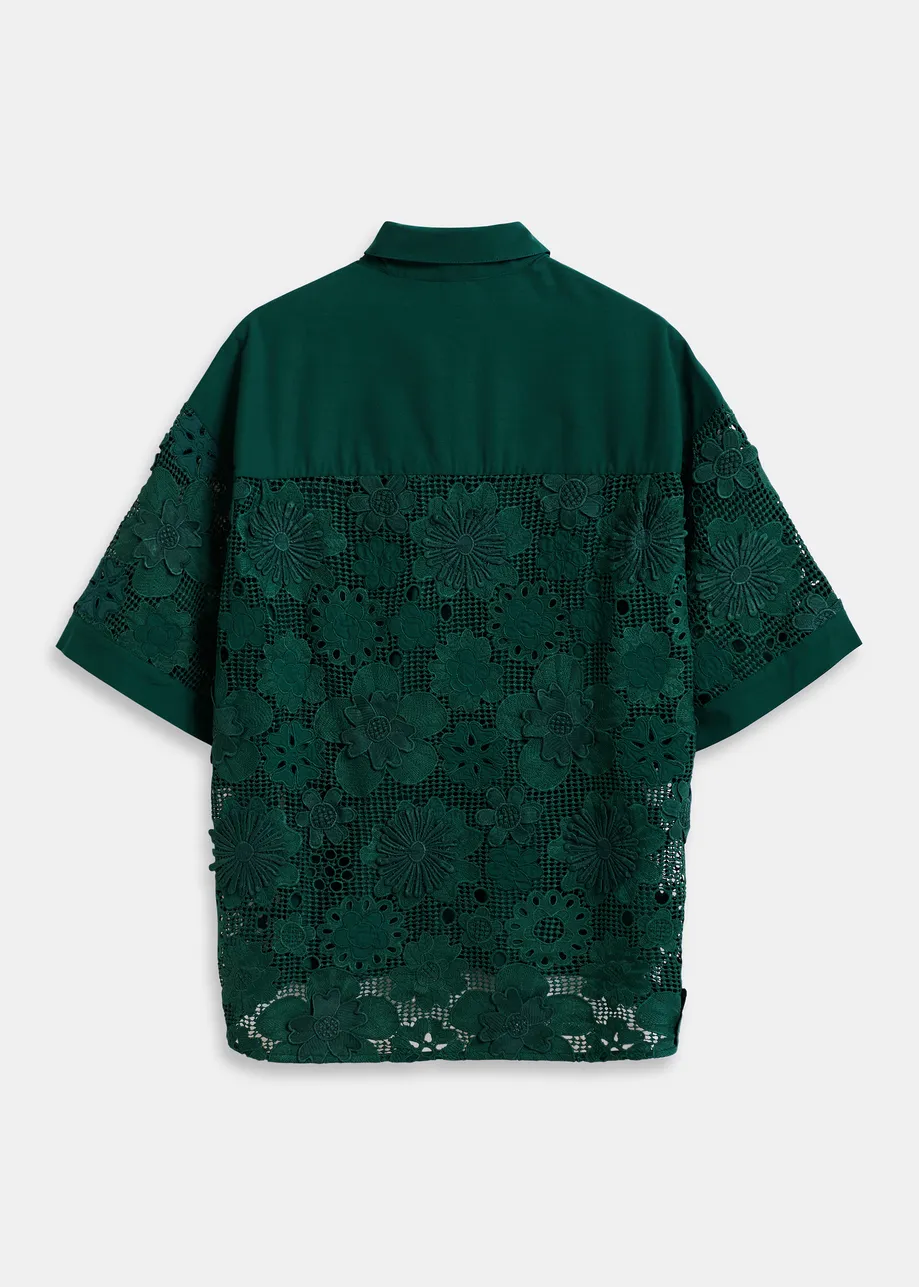 Dark green oversized cotton short-sleeve shirt with lace inserts