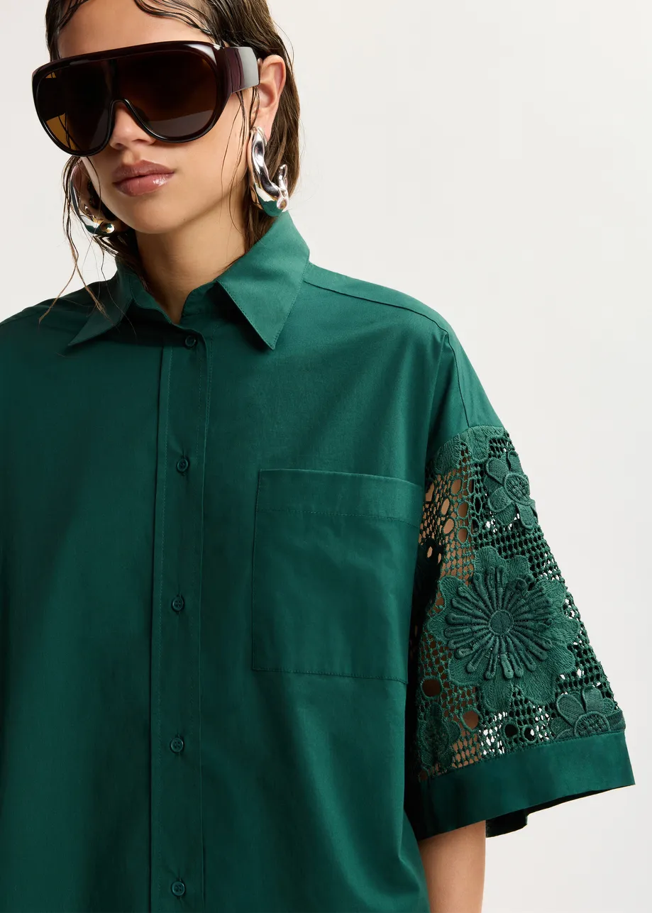 Dark green oversized cotton short-sleeve shirt with lace inserts