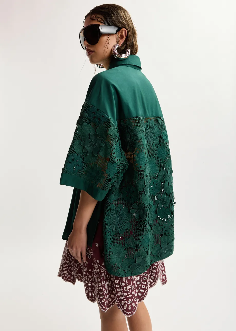 Dark green oversized cotton short-sleeve shirt with lace inserts