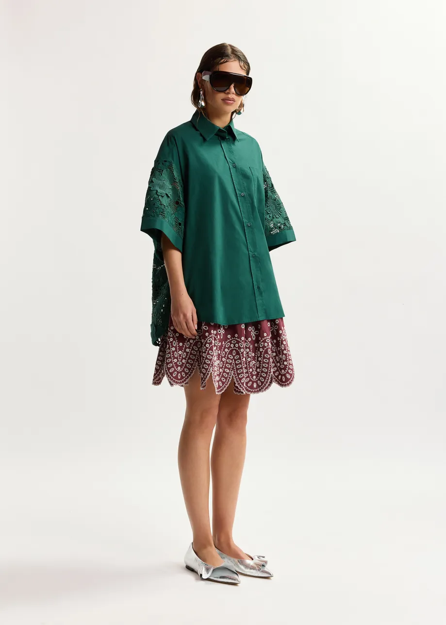 Dark green oversized cotton short-sleeve shirt with lace inserts