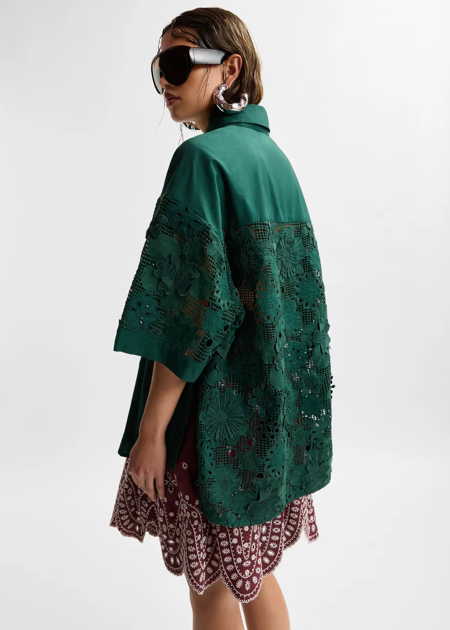 Dark green oversized cotton short-sleeve shirt with lace inserts