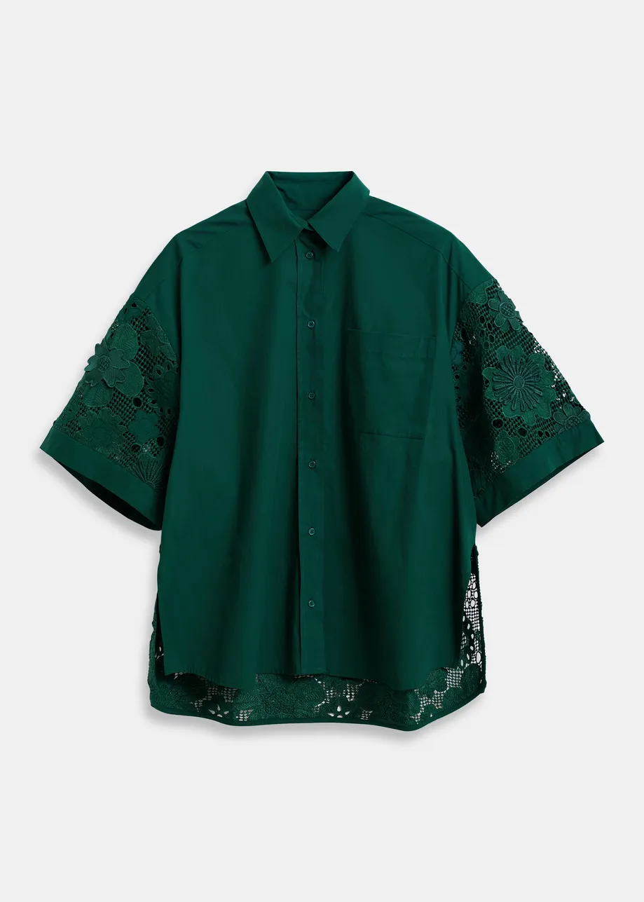 Dark green oversized cotton short-sleeve shirt with lace inserts