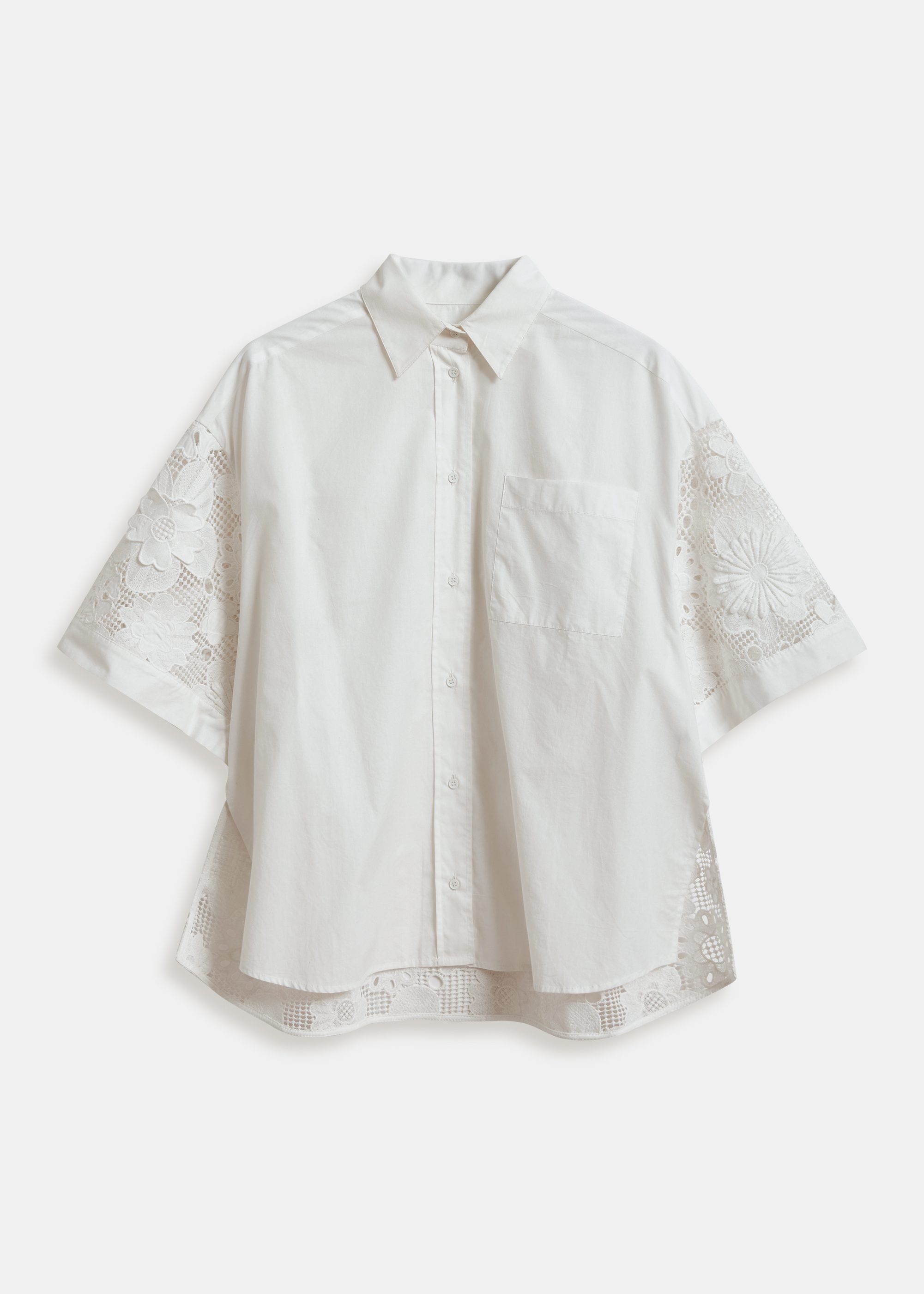 White oversized cotton short-sleeve shirt with lace inserts