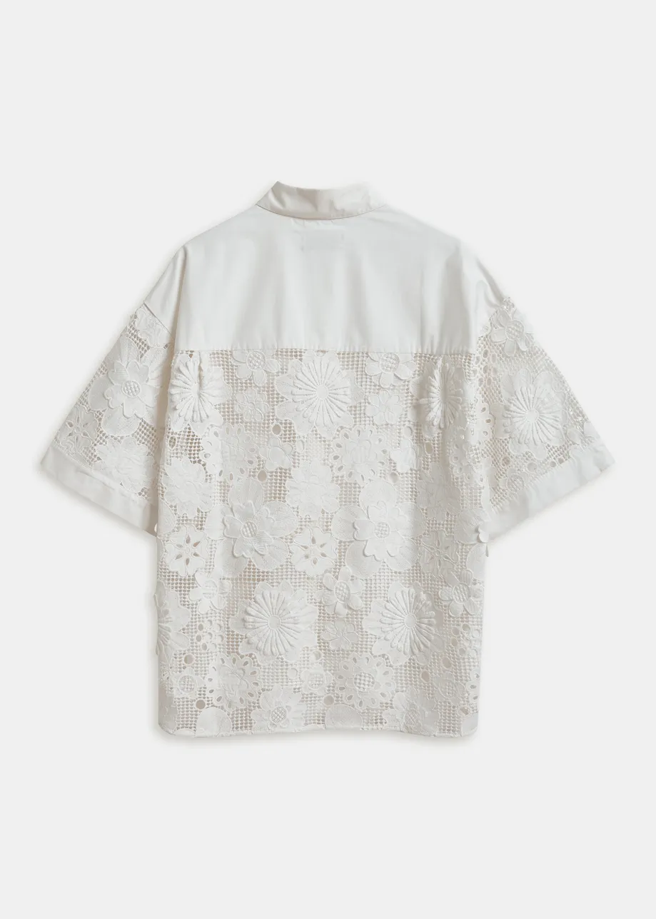 White oversized cotton short-sleeve shirt with lace inserts