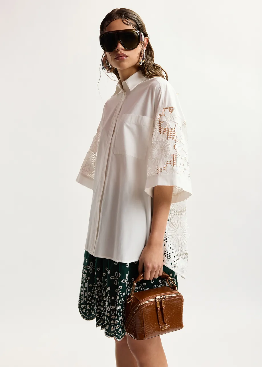 White oversized cotton short-sleeve shirt with lace inserts