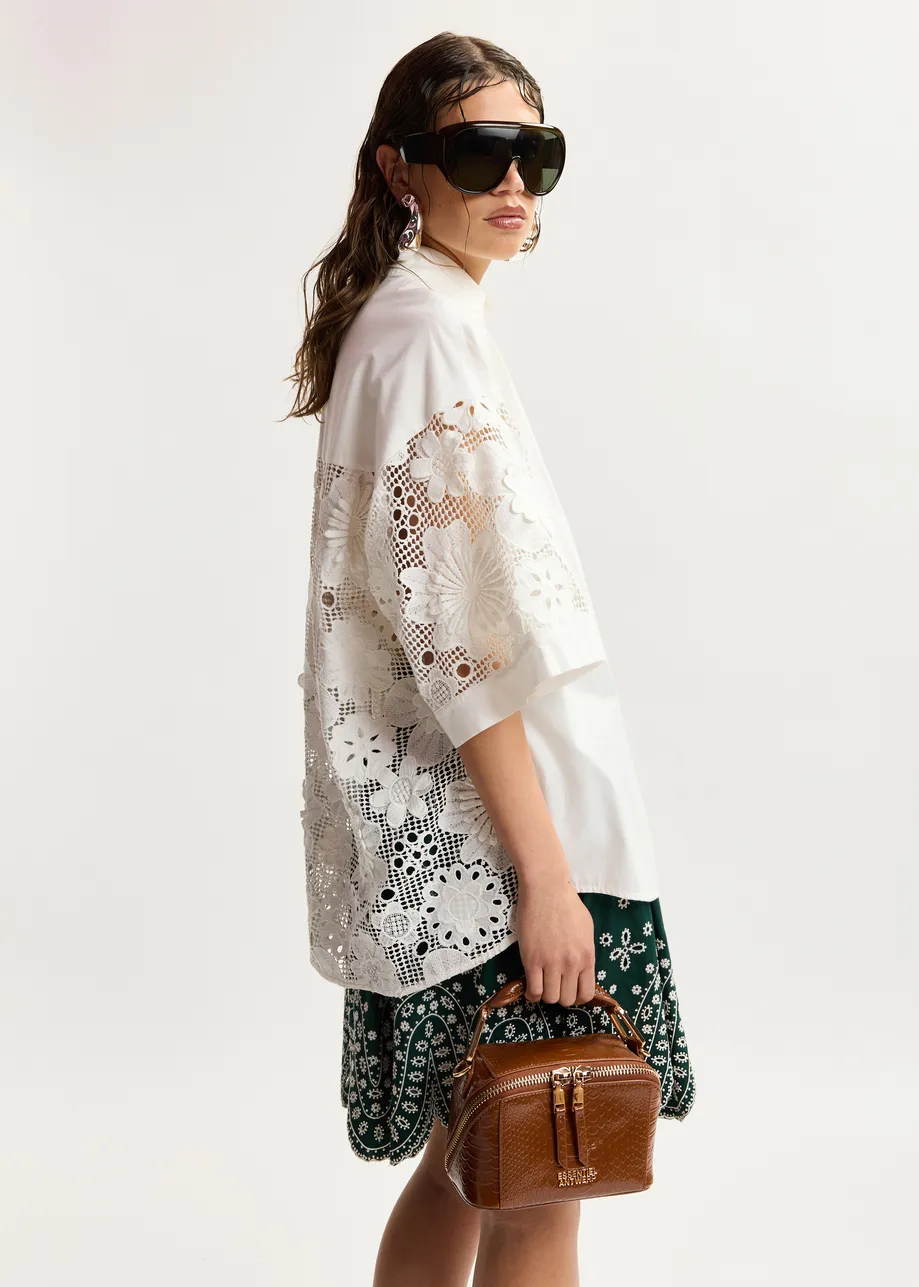 White oversized cotton short-sleeve shirt with lace inserts
