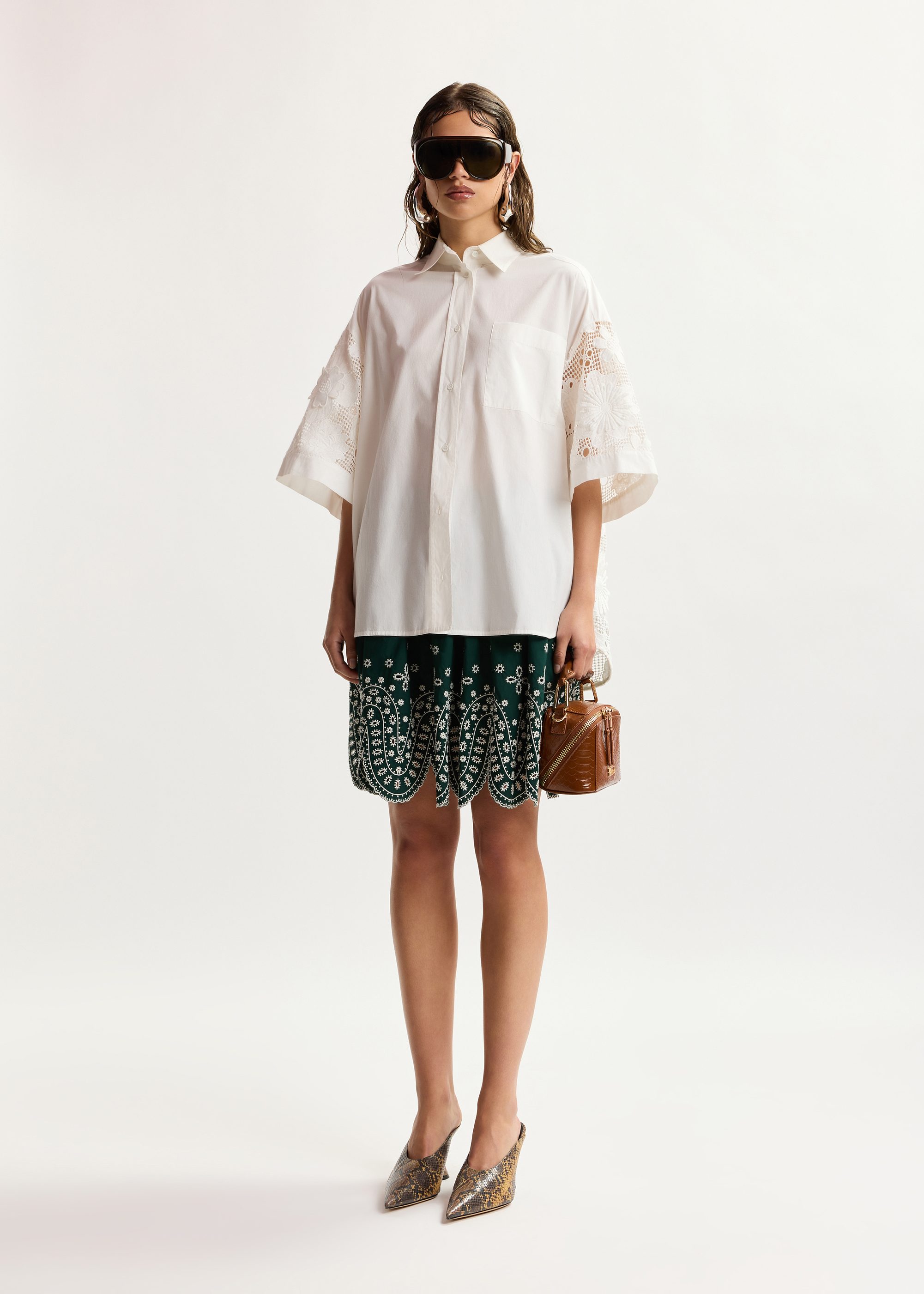 White oversized cotton short-sleeve shirt with lace inserts