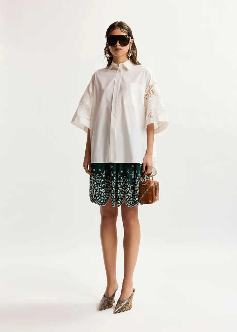 White oversized cotton short-sleeve shirt with lace inserts