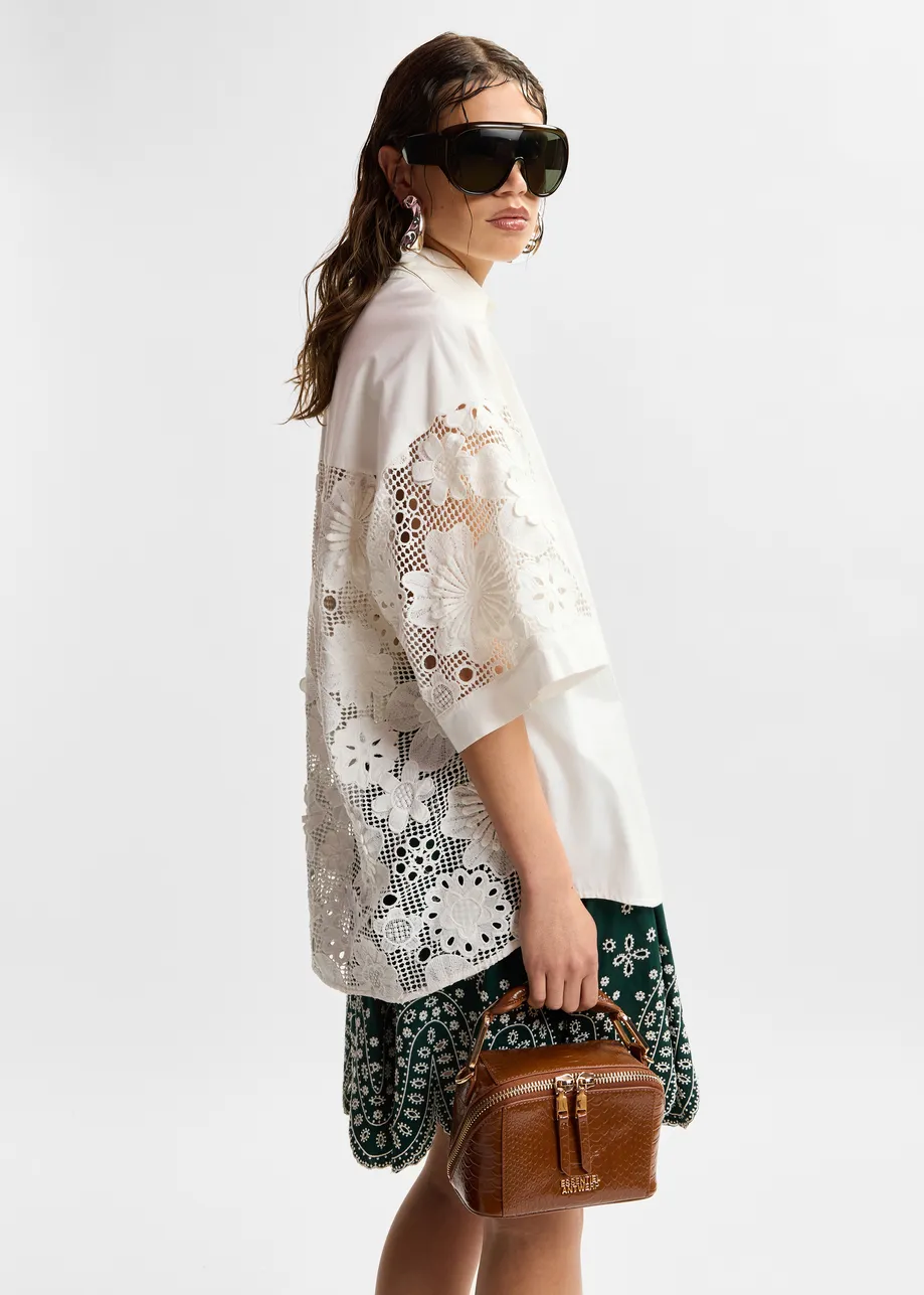 White oversized cotton short-sleeve shirt with lace inserts