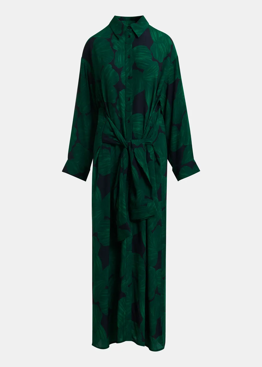 Dunkelgrünes und schwarzes Hemdkleid mit tropischem Print und Ärmeln in Hemdstil