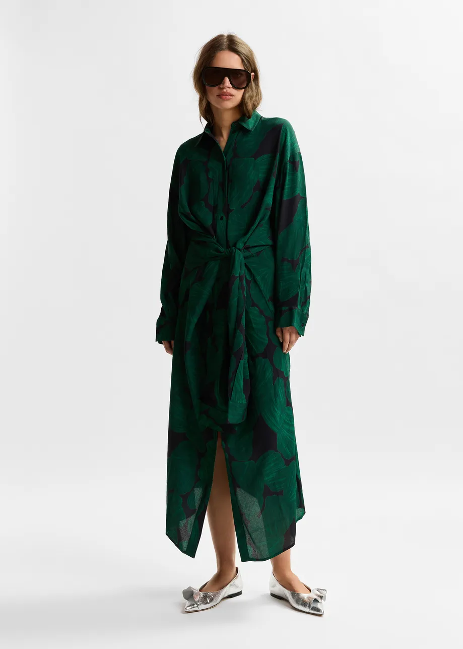 Dark green and black tropical print shirt dress with faux shirt sleeve detail