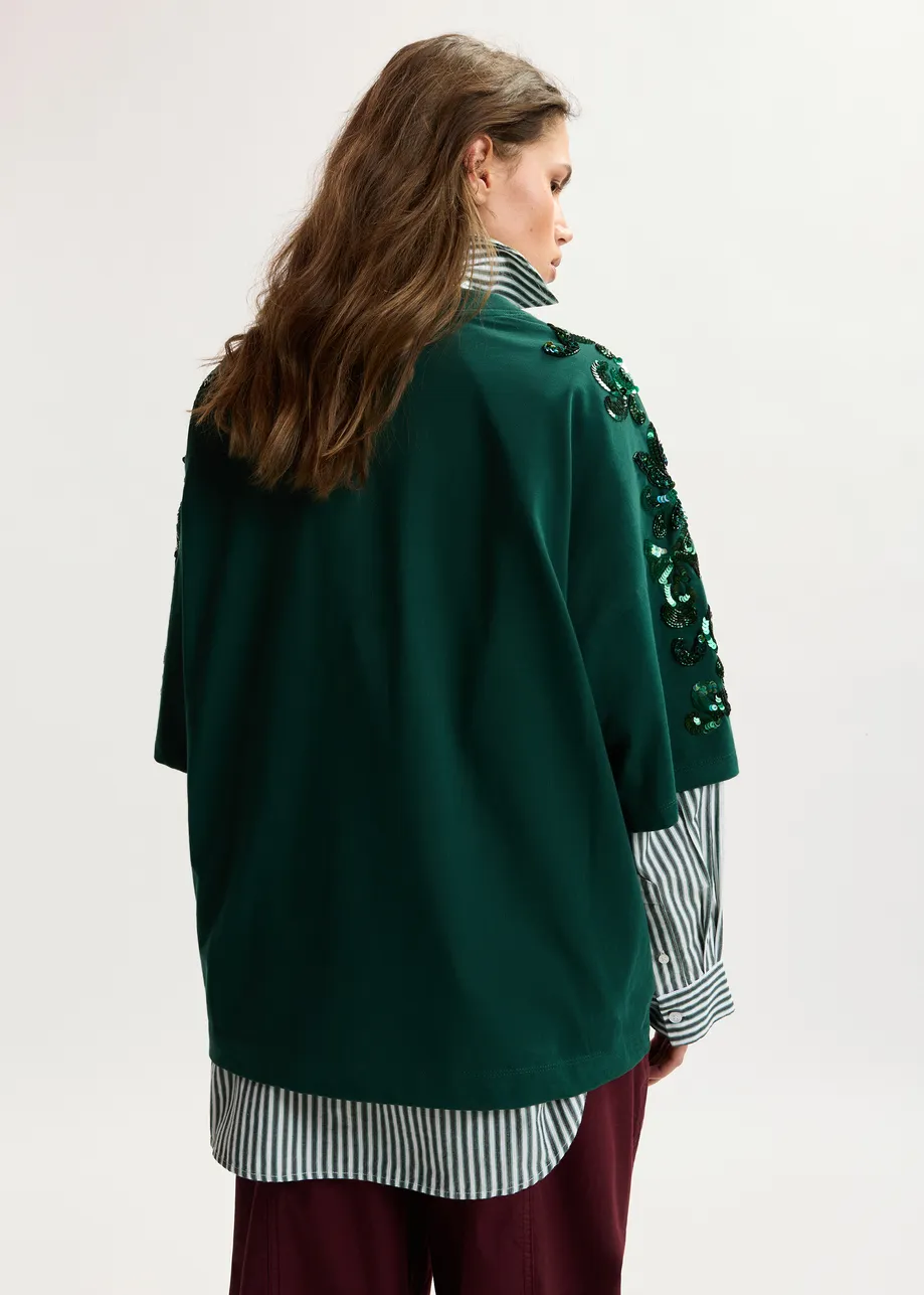 Dunkelgrünes Baumwoll-T-Shirt mit Blumenpailletten und Perlenstickerei