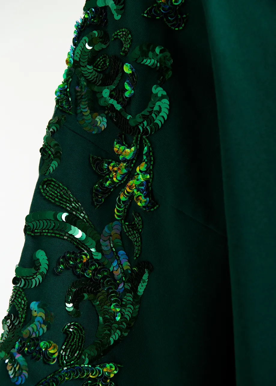Dunkelgrünes Baumwoll-T-Shirt mit Blumenpailletten und Perlenstickerei