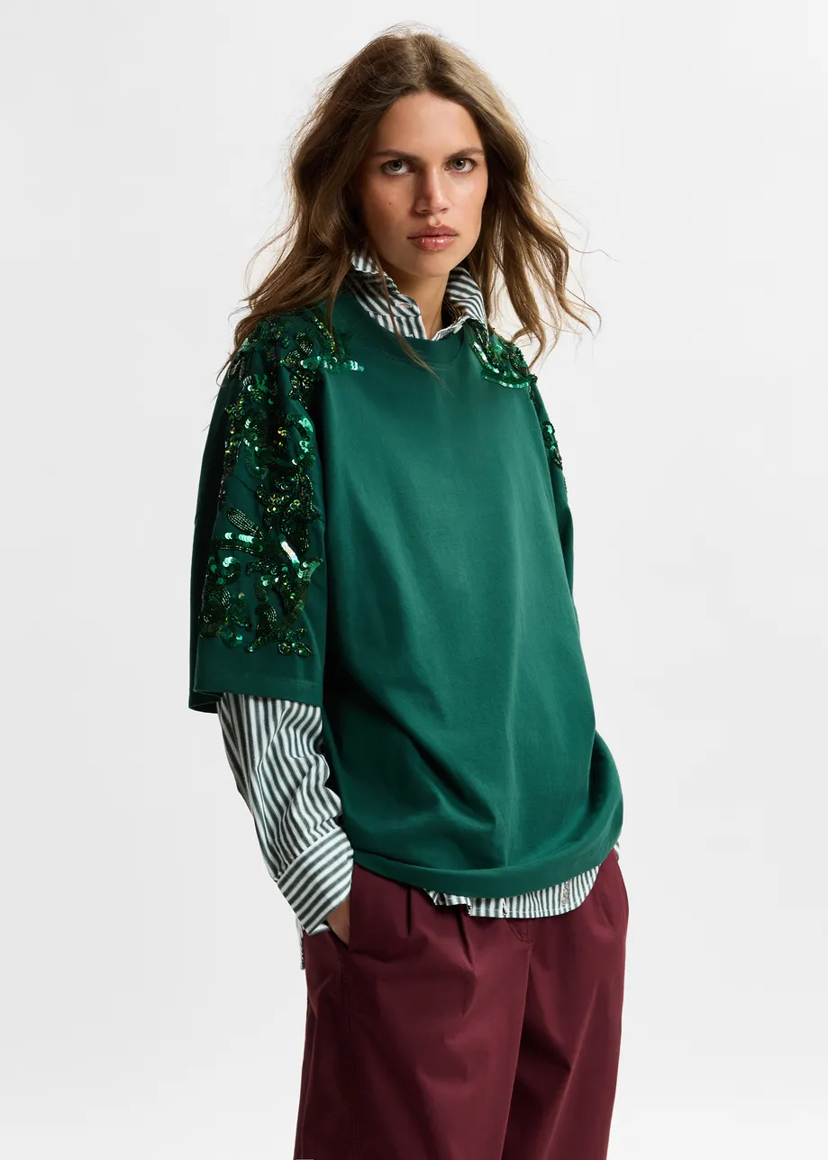 Dark green cotton T-shirt with floral sequin and bead-embellished embroidery