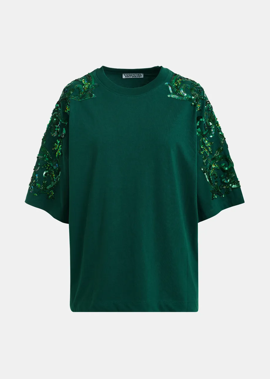 T-shirt in cotone verde scuro con ricamo floreale impreziosito da paillettes e perline