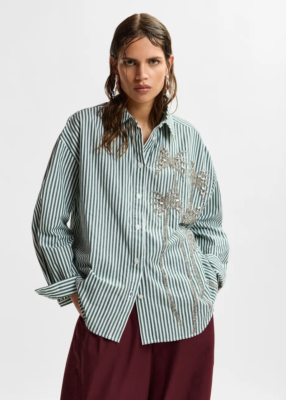Off-white, green and grey oversized striped cotton shirt with sequin and bead embellishments