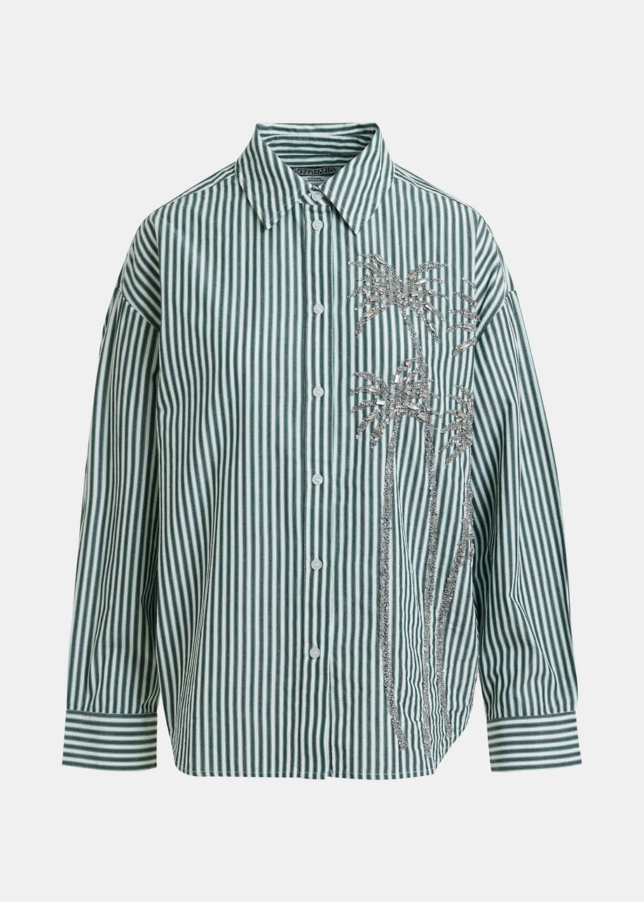 Oversized gestreiftes Baumwollhemd in gebrochenem Weiß, Grün und Grau mit Pailletten- und Perlenverzierungen