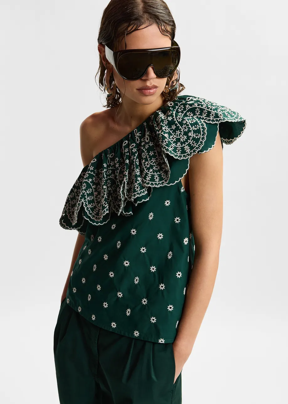 Dark green and white embroidered one-shoulder cotton top with ruffle detailing