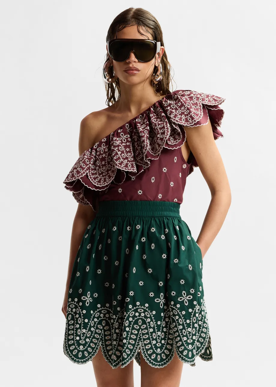 Dark red and white embroidered one-shoulder cotton top with ruffle detailing