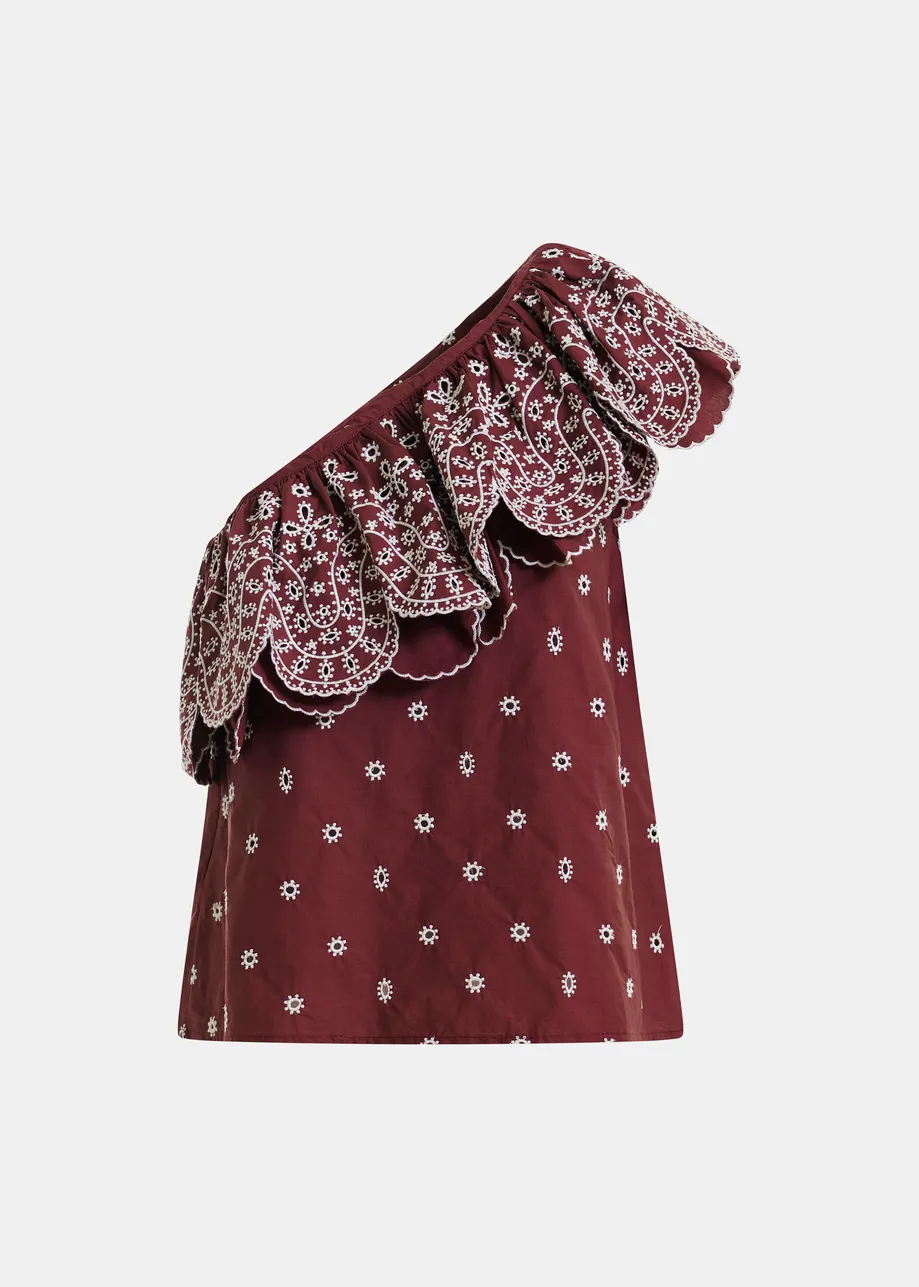 Dunkelrotes und weißes, besticktes One-Shoulder-Baumwolltop mit Rüschendetail