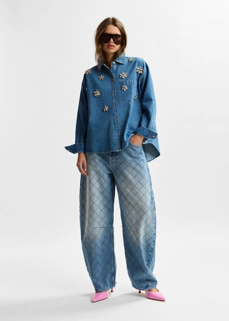 Blue diamond-stitched cotton barrel-leg jeans