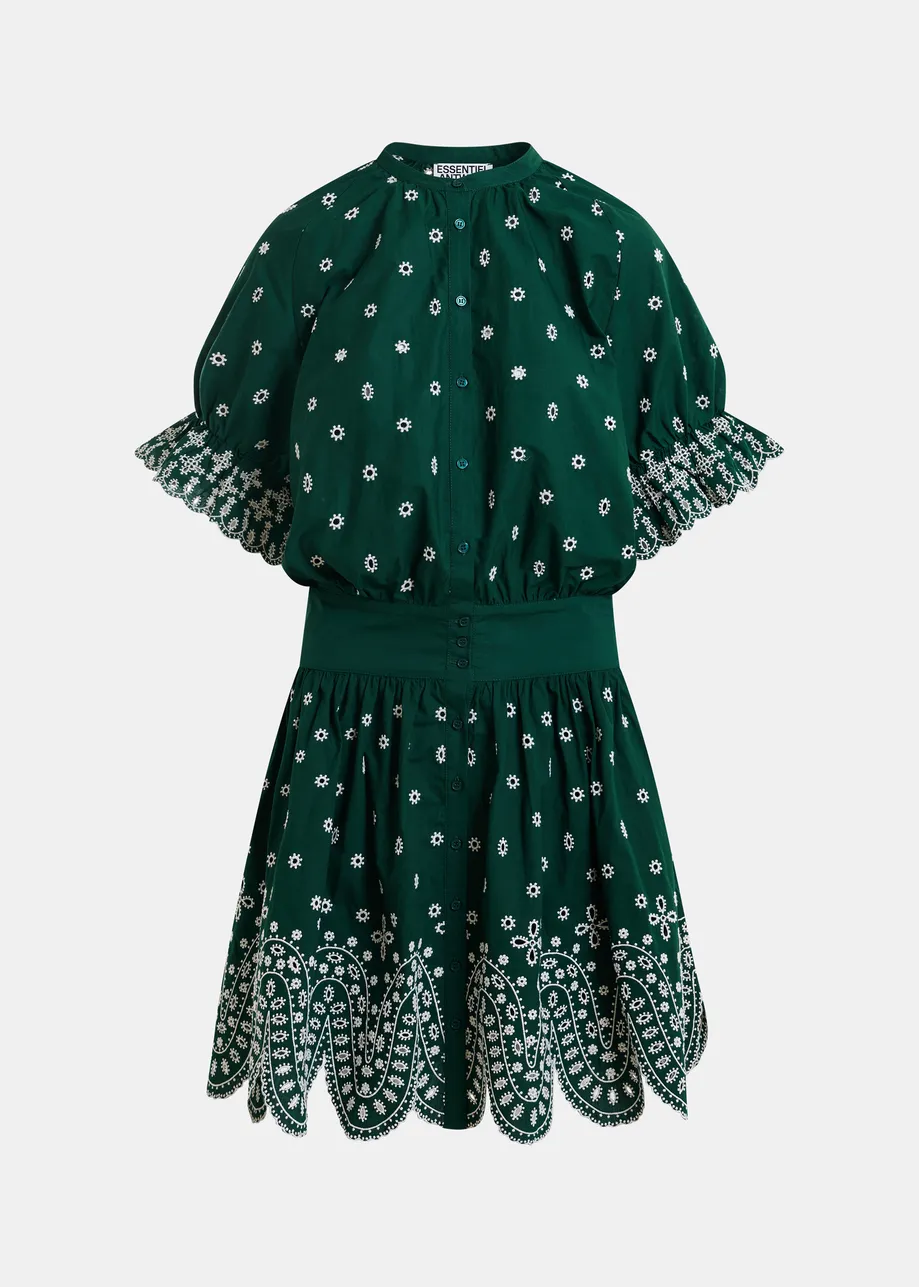 Mini abito in cotone ricamato, verde scuro e bianco, con collo alla coreana