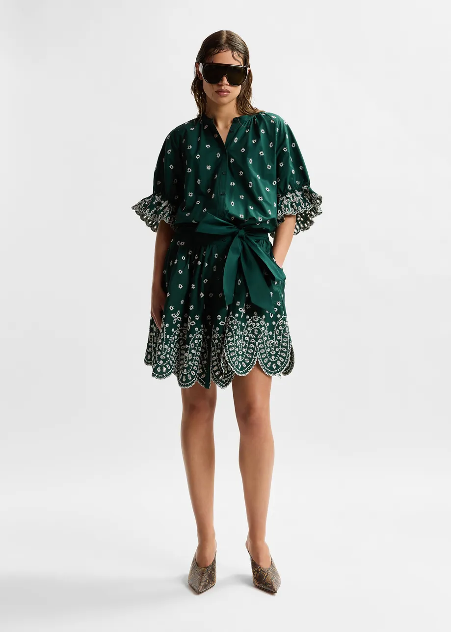Dark green and white embroidered cotton mini dress with mandarin collar