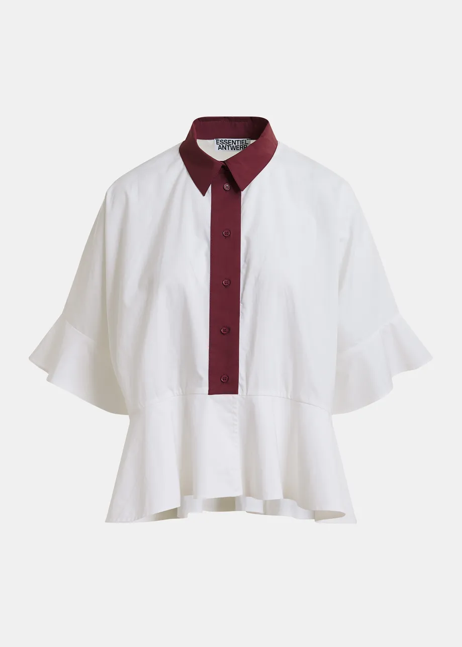 White cotton peplum shirt with burgundy contrast detailing