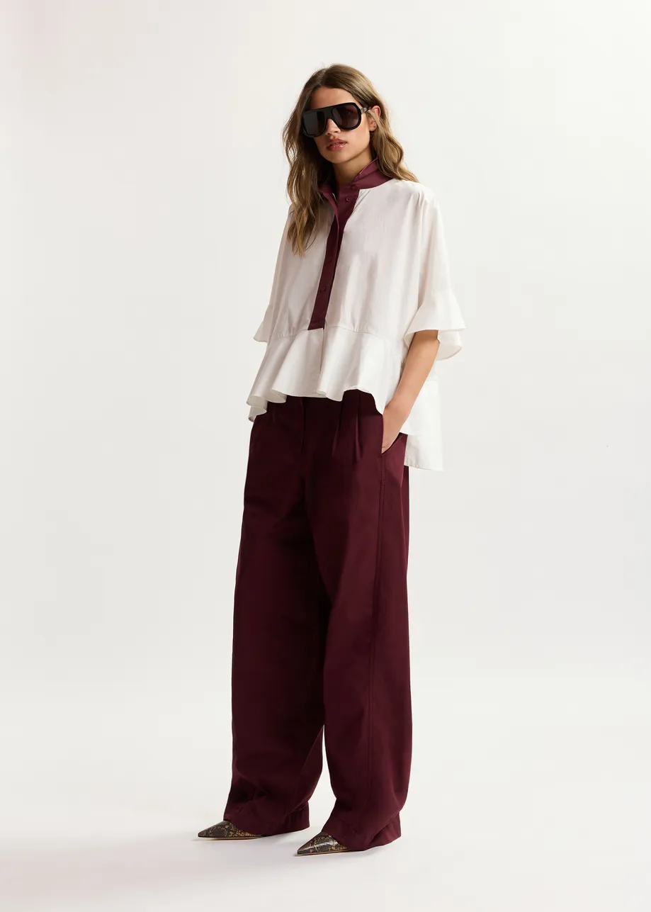 White cotton peplum shirt with burgundy contrast detailing
