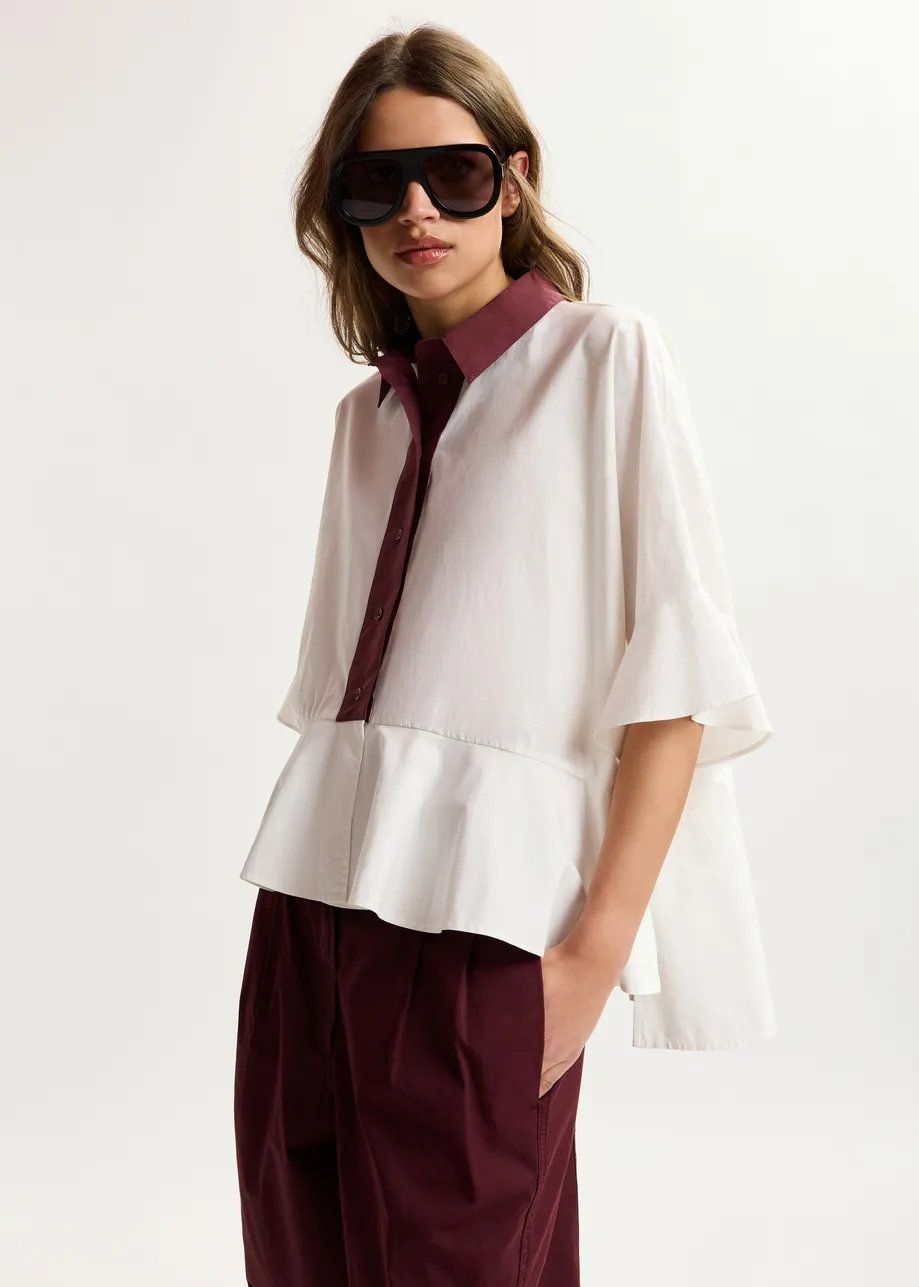 White cotton peplum shirt with burgundy contrast detailing