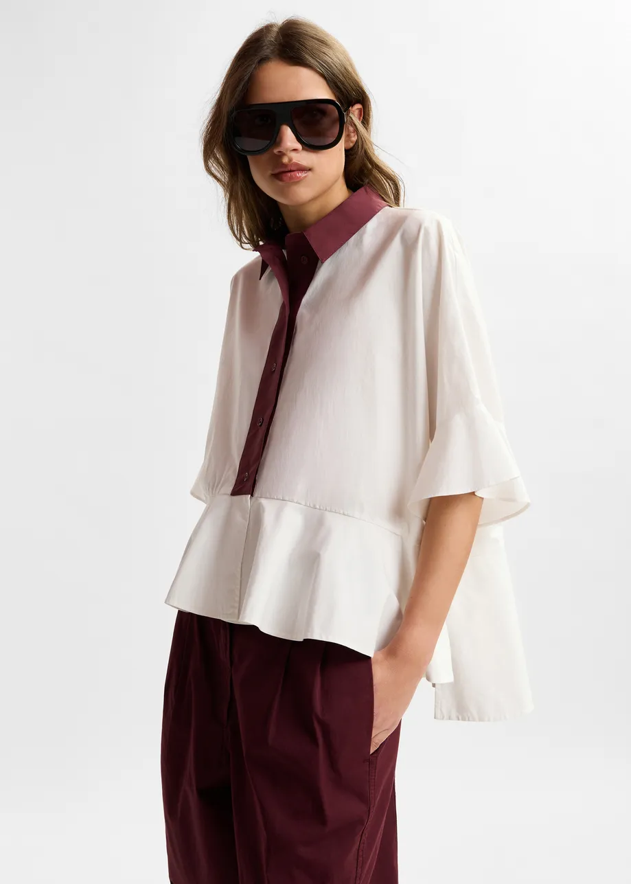 White cotton peplum shirt with burgundy contrast detailing