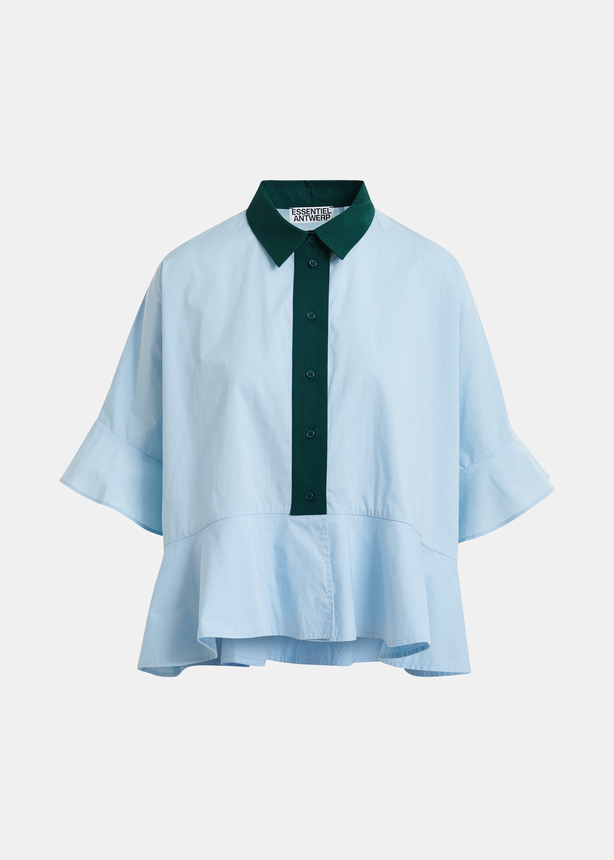 Light blue cotton peplum shirt with dark green contrast detailing
